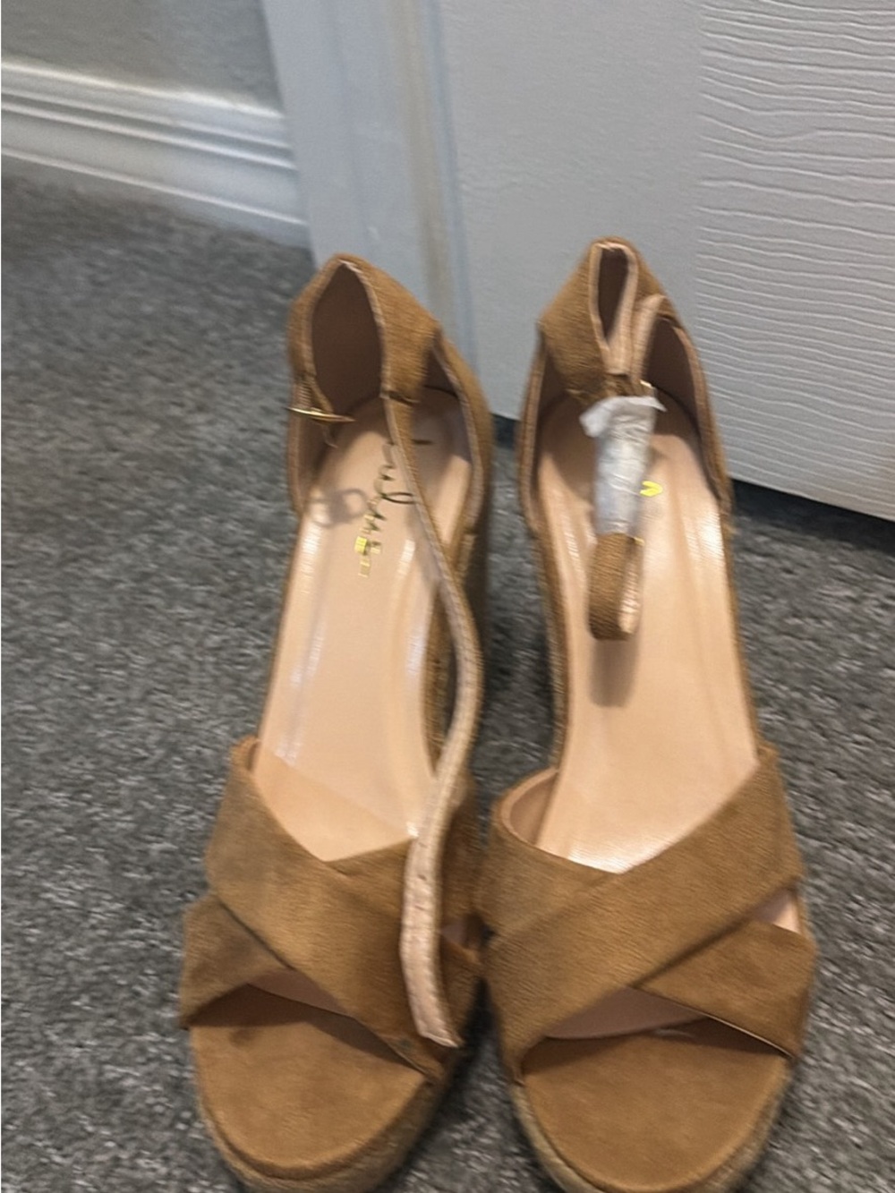 Lulu's Tan Suede Crisscross Ankle-Strap Wedges